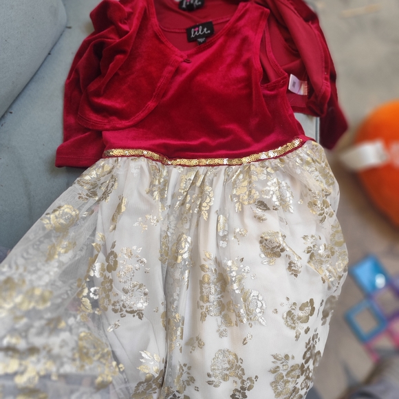 Red and Gold Baby Dress with Floral Skirt - Picture 2 of 2